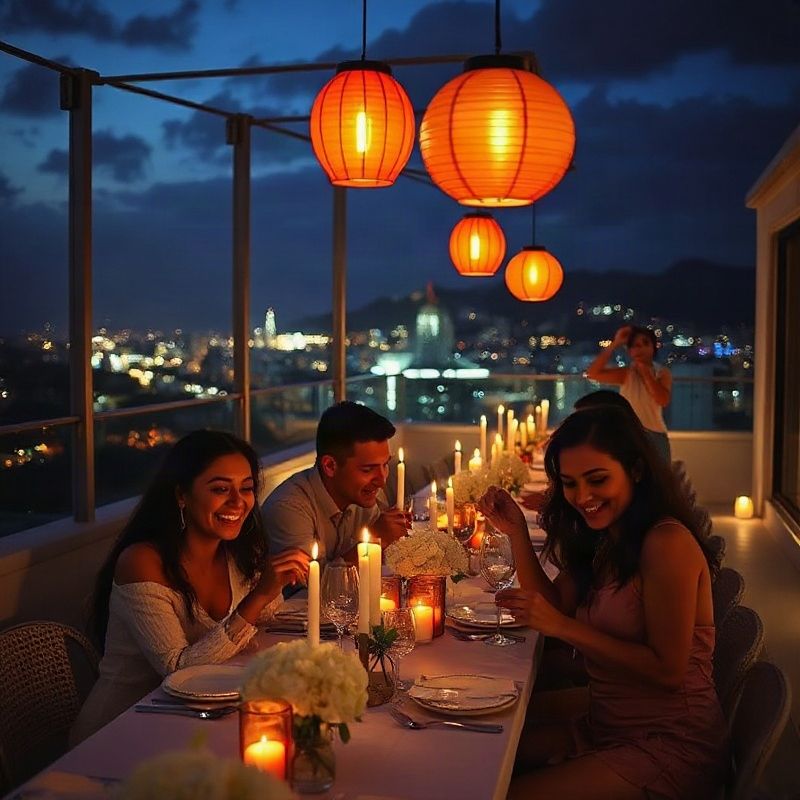 Festa privada íntima em cobertura no Rio de Janeiro com luzes âmbar
