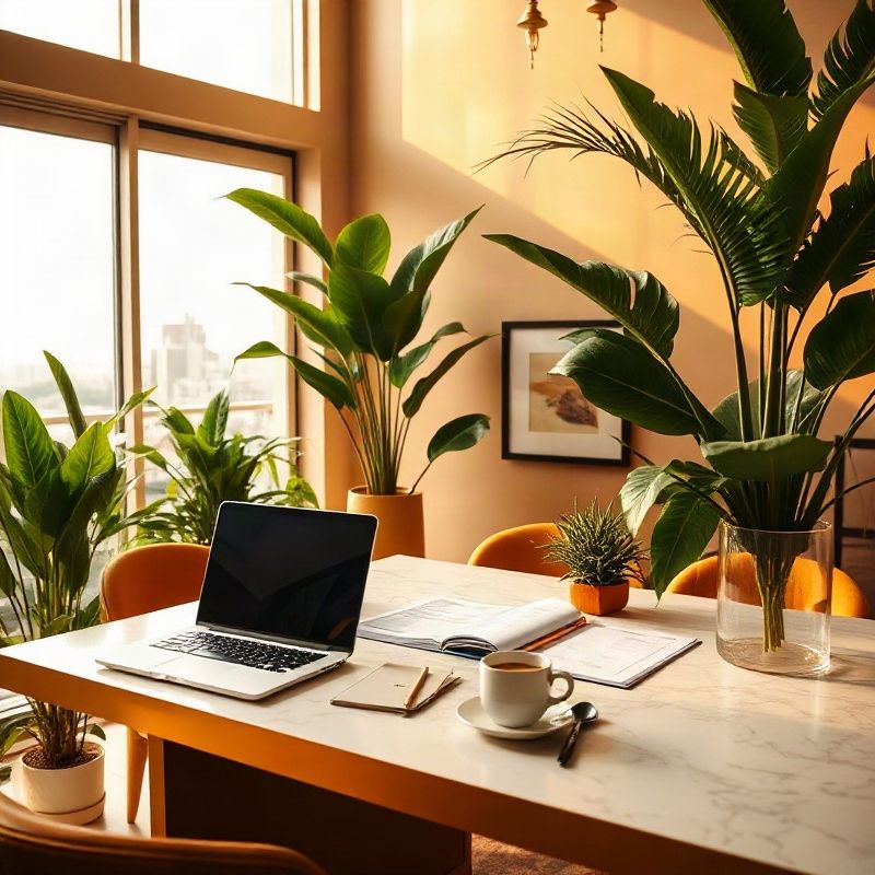 Mesa de consultoria com planner âmbar-dourado, laptop e café no Rio de Janeiro
