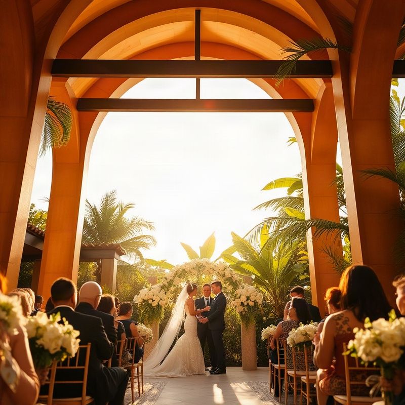 Cerimônia de casamento ao ar livre com arcos âmbar-dourados no Rio de Janeiro