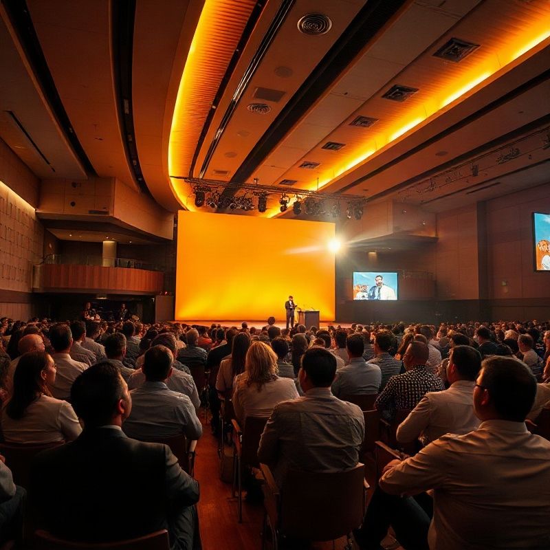 Conferência corporativa com iluminação âmbar-dourada no Rio de Janeiro