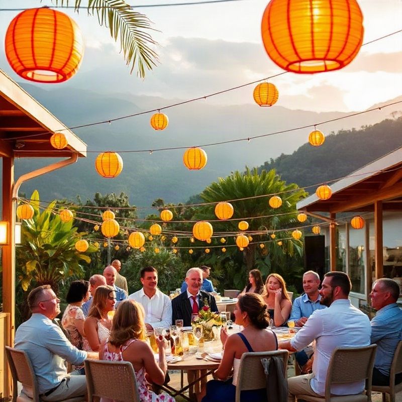 Recepção de casamento ao ar livre em Petrópolis com lanternas âmbar