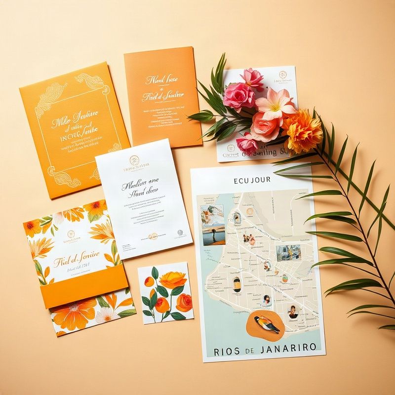 Flat-lay editorial com convite âmbar-dourado, flores e moodboard