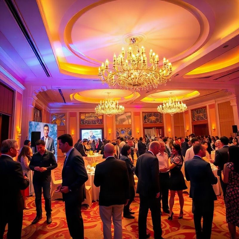 Gala corporativa em salão de hotel no Rio com decoração âmbar-dourada